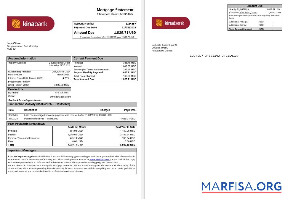 Printable Papua New Guinea Kina Securities Limites bank mortgage statement in Word and PDF formats download for verification